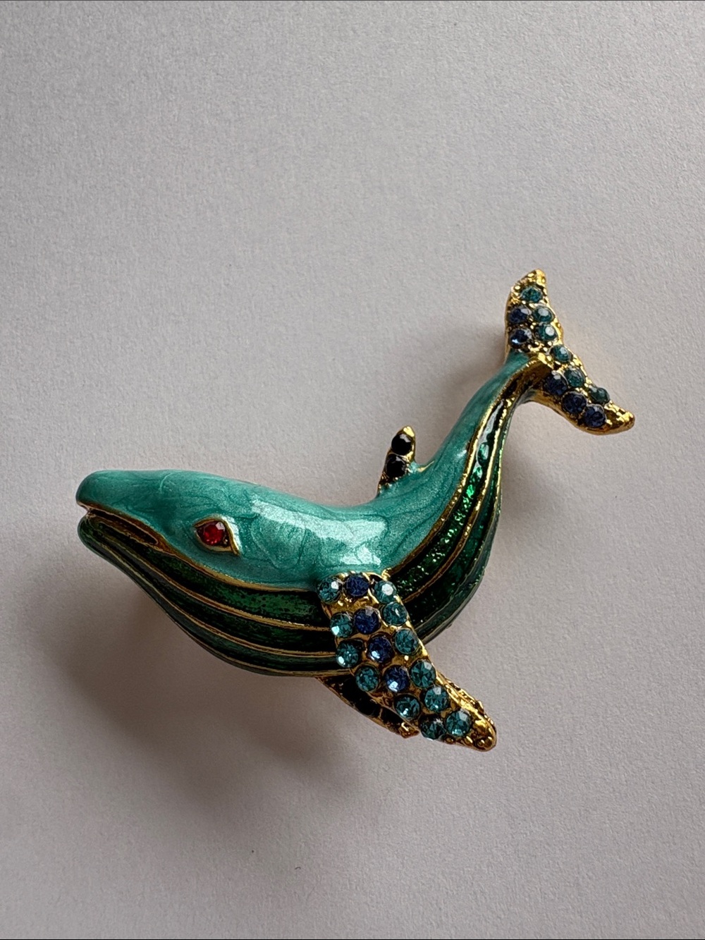 Vintage-Inspired Turquoise Whale Brooch with Blue Crystal Accents